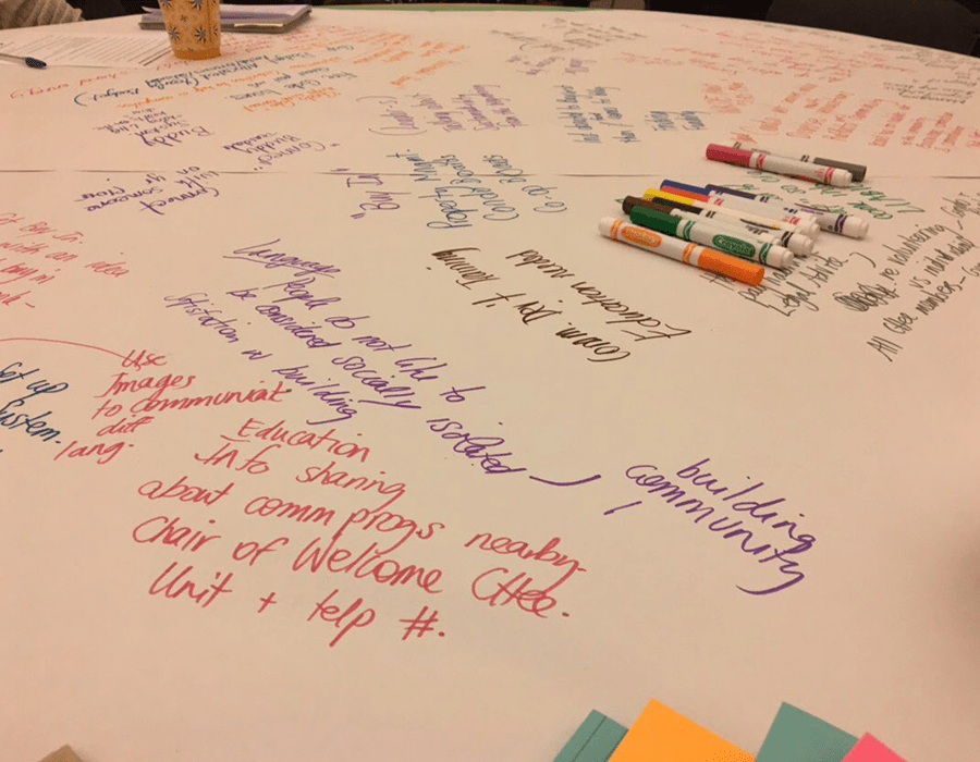 A large sheet of paper covers a table. There are colourful markers on the table and a variety of messages are written on the paper.
