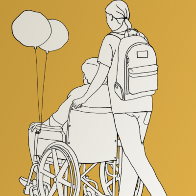 A black-and-white illustration woman with a backpack pushes a person in a wheelchair, who is holding balloons. The background is yellow.